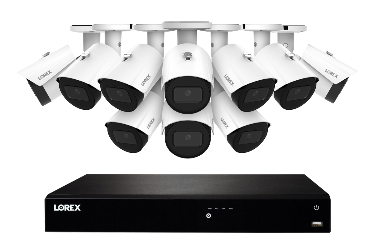 Lorex wired security system: eight white outdoor cameras above a black Lorex recorder box