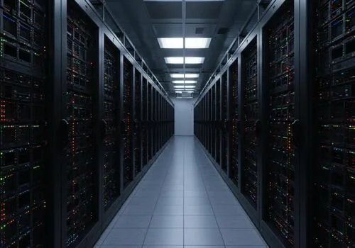 Rows of servers in a secure data center where websites are hosted