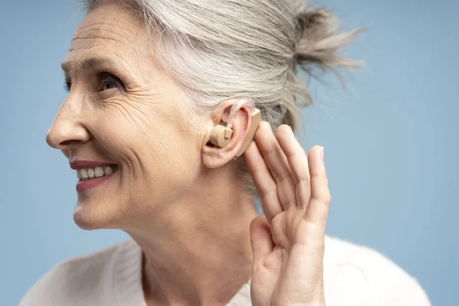 Smiling senior woman wearing a behind-the-ear hearing aid