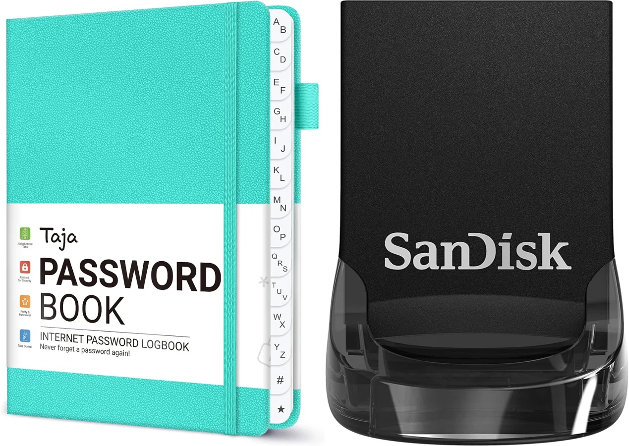 Password logbook and SanDisk USB flash drive for keeping digital and physical copies of passwords