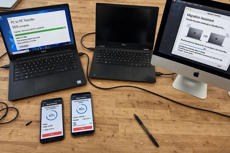On-site data transfer between computers and phones with transfer progress shown on each screen