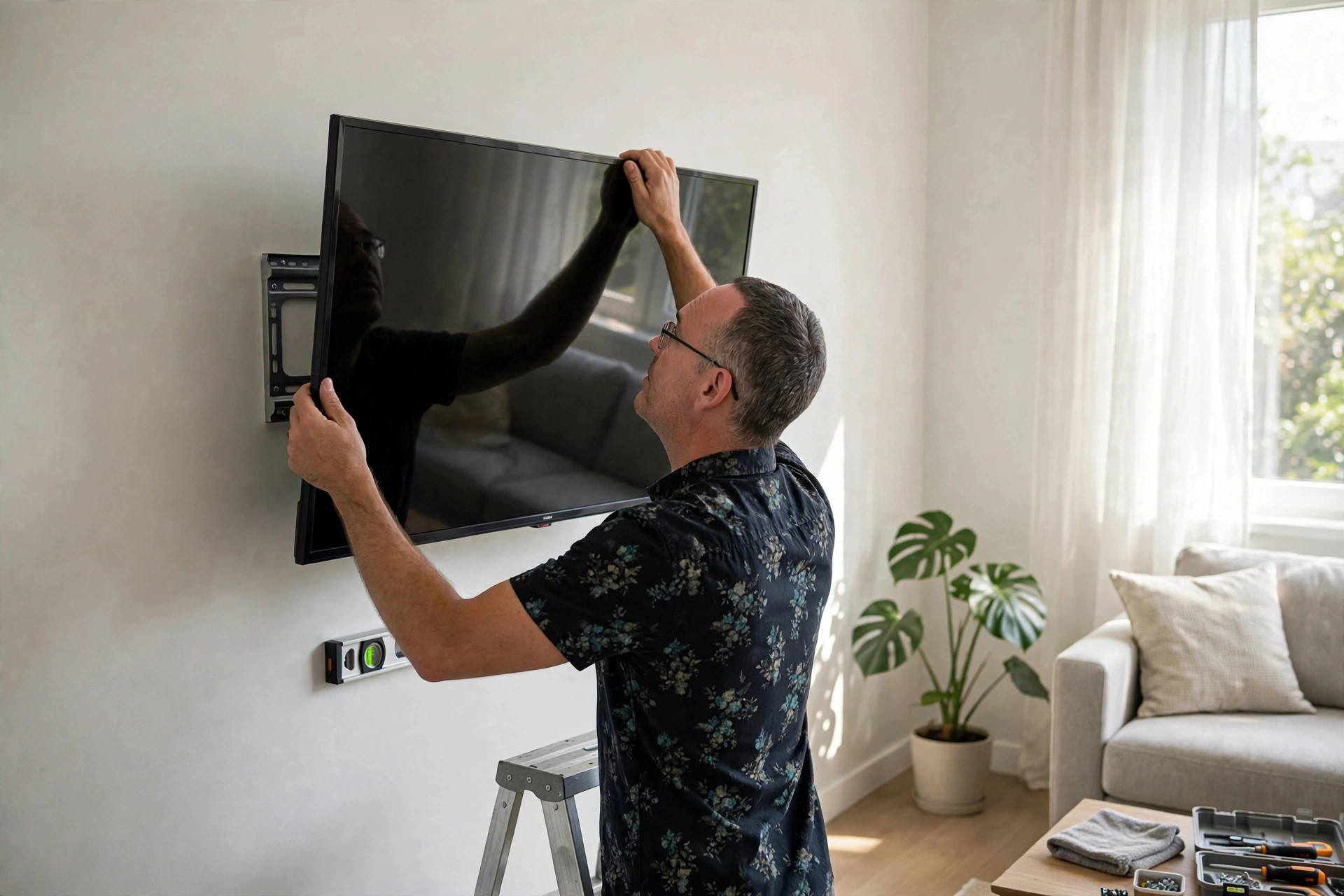 Technician mounting a flat-screen TV on a living room wall