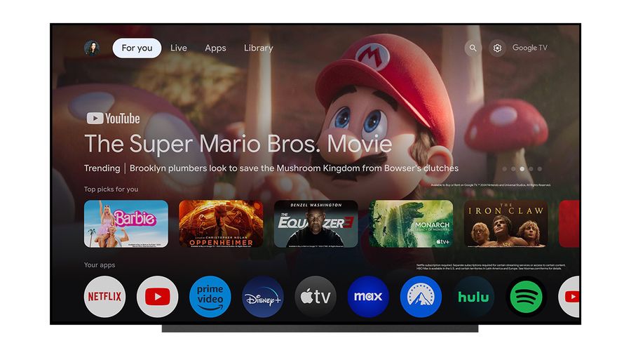 Google TV home screen: a featured show banner with rows of recommended apps below