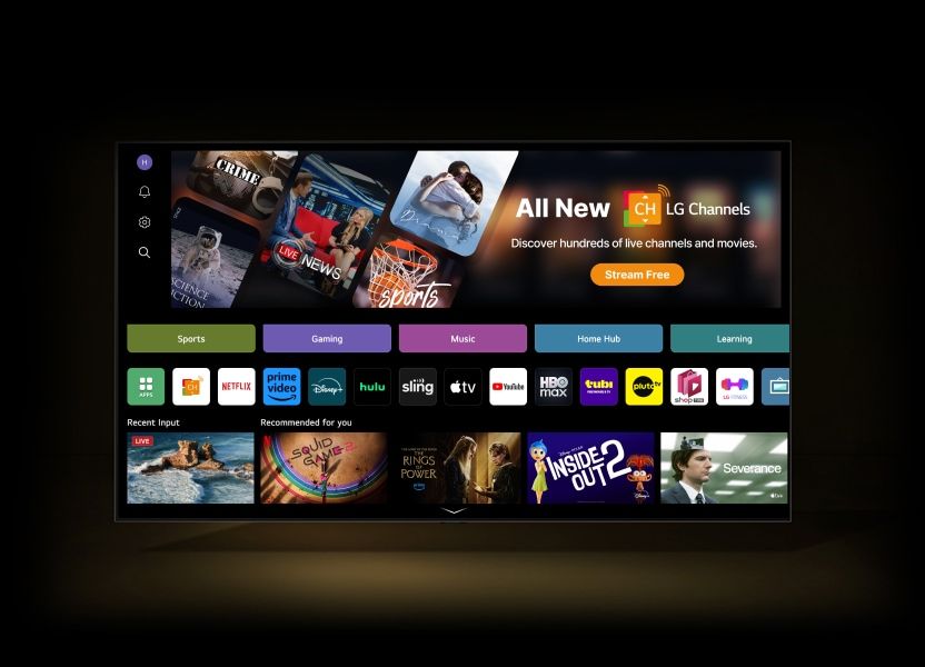 LG webOS home screen: category tabs with an app row and recommended shows