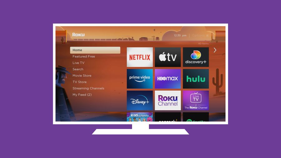 Roku home screen: a simple menu list on the left and rows of app tiles