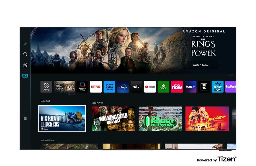 Samsung Smart Hub: a slim side menu with a featured banner and rows of apps